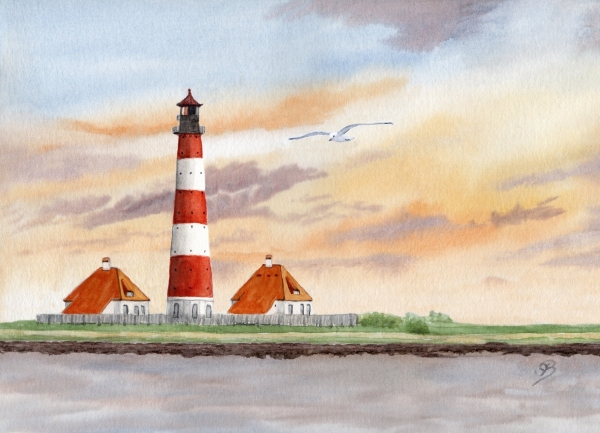 Postkarte DIN-A6  Aquarell Maritim Kunst Druck Kunstdruck Nordsee St. Peter Ording SPO Westerhever Leuchtturm Meer Strand